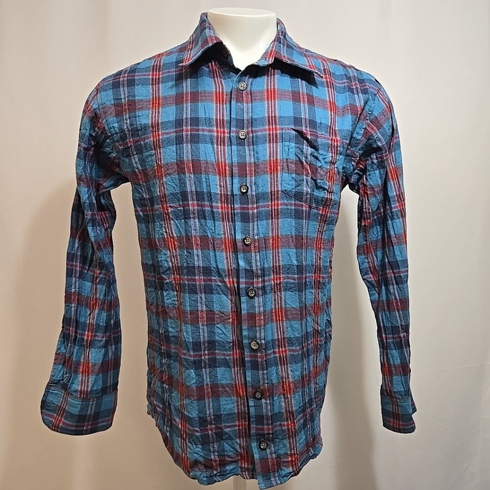 Sundance Plaid Flannel Shirt Mens Medium Blue Red 100% Cotton Soft